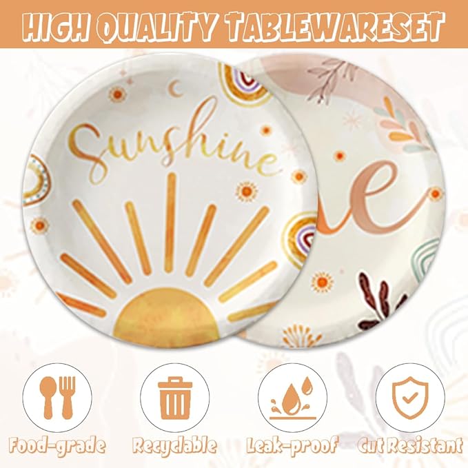 40Pcs First Trip Around The Sun Decorations First Birthday Plates and Napkin Set Girl Disposable Baby Shower Tableware Set Boho Sun 1st Birthday Party Decorations