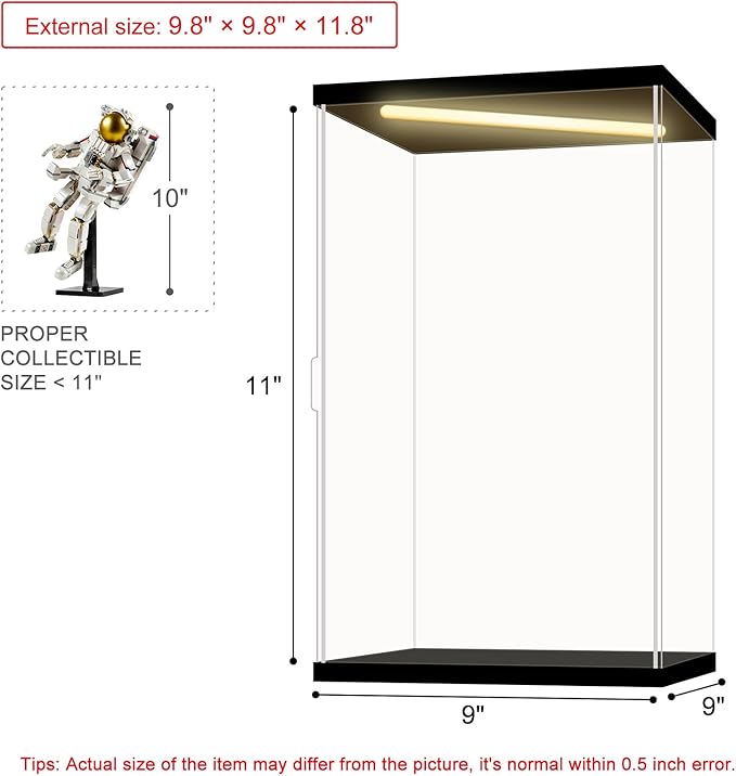 Acrylic Display Case for Collectibles, Action Figures & Trophies, Black Base Solid Yellow Light, 9.8×9.8×11.8 Inch