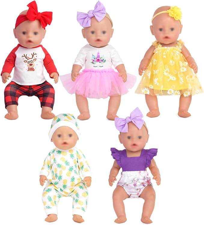 Baby Doll Accessories, 5 Set of Doll Clothes, Dress, Bodysuits Outfits for 15 Inch to 18 Inch Dolls, 15 Inch Baby Dolls, 11 PCs in Total Doll Clothes and Accessories