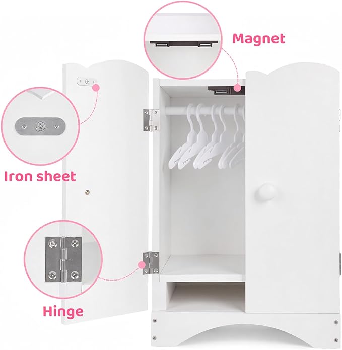 BABESIDE Wooden Baby Dolls Closet for 12-16 Inches Doll, Armoire Dolls Wardrobe for Babys Doll Clothes Storage, Includes 10 Clothes Hangers, Babys Dolls Accessories Furniture fit Dolls Boy Girl