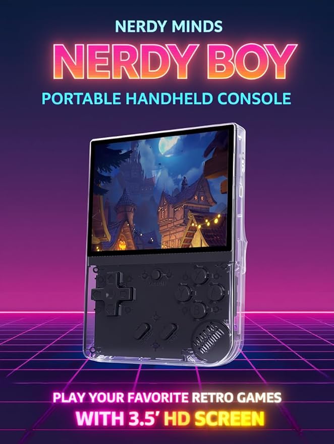 Nerdy Boy Retro Handheld Game Console – 3.5” IPS Screen, 64GB, Portable Emulator System with 12 Classic Platforms, 2000mAh Battery, AV Out – Retro Gaming Device (Onyx)