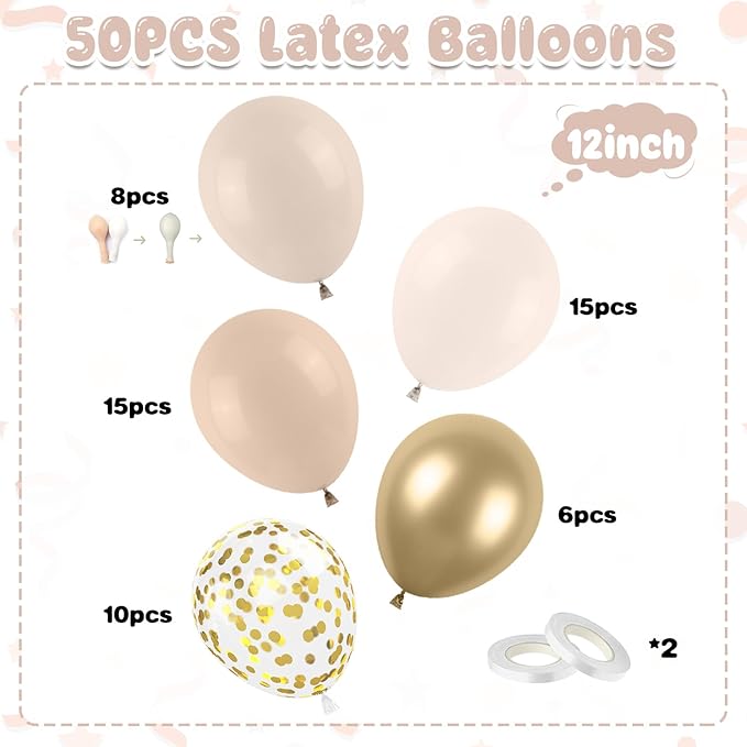 Blush Gold Beige Neutral Balloons, 50pcs 12 inch Double Stuffed Beige Boho Balloons with Metallic Gold Confetti Nude Neutral Cream Balloon for Bridal Baby Shower Birthday Wedding Party Decoration