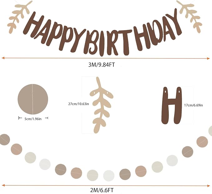 Zwiebeco Coffee Brown Happy Birthday Party Decoration Banner Apricot Leaf Morandi Color Circle Dot Hanging Paper Bunting Sign for Kids Adults Retro Theme Accessories Supplies