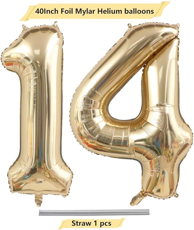 40 Inch Light Gold 14 Number Balloons White Gold Giant 41 Foil Mylar Helium Large Digital Balloon Champagne Gold Birthday Numbers Jumbo Balloons 14th or 41st Anniversary Party Decorations Supplies