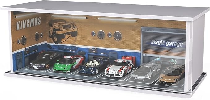1:64 Scale Car Model Display Case for Hot Wheels,Matchbox Cars,Parking lot with Lights(Repair Store Scene Contains 6 Parking Spaces)