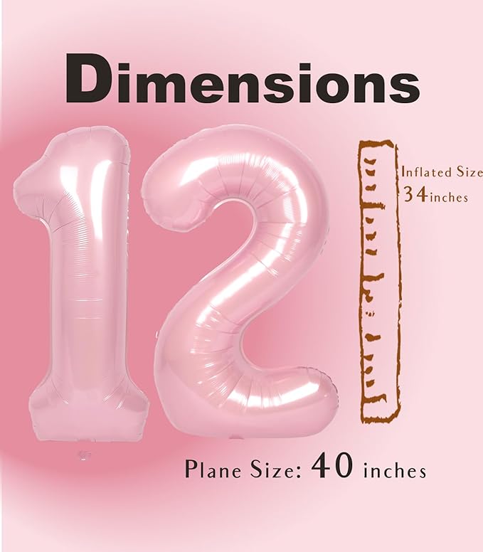 SUWEN 40 Inch Pink Large 12 Number Balloons Big Foil Helium Number Balloons 0-9 Jumbo Happy 12th Mylar Birthday Party Decorations for Girl or Women 21 Anniversary Party Supplies
