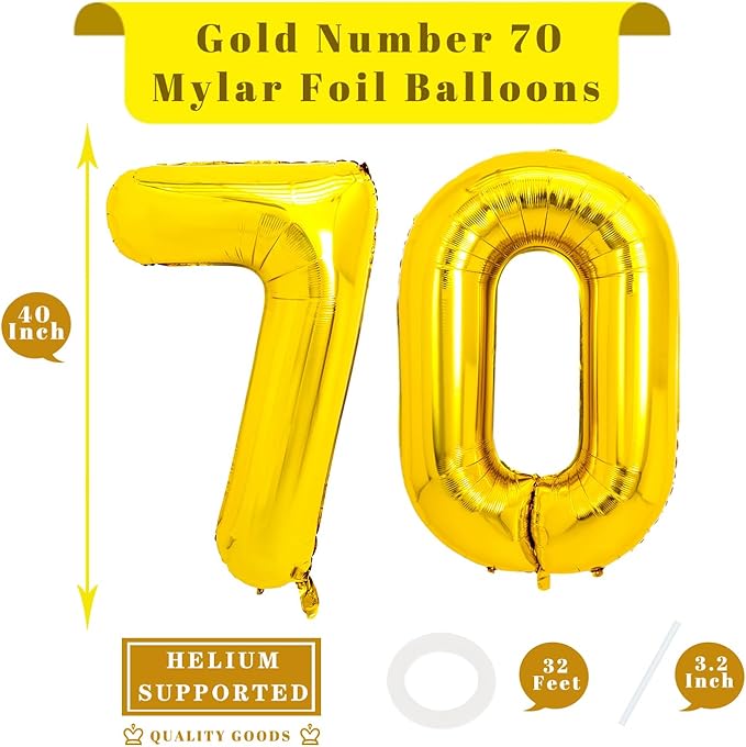 40 Inch Gold 70 Number Balloons Giant Jumbo Large Helium Mylar Foil Golden Number Balloons for Women Men 70th Birthday Party Supplies 70 Wedding Anniversary Celebration Events Decorations