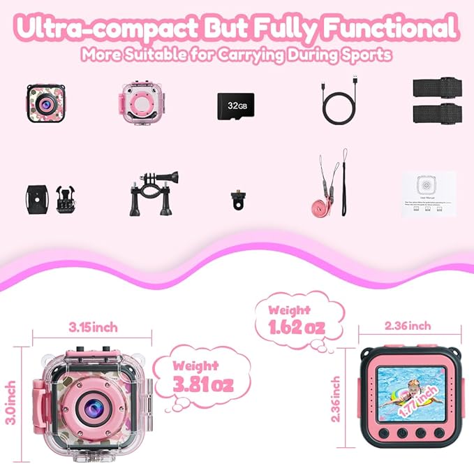 PROGRACE Kids Underwater Camera & Pool Toy - IP68 Waterproof Action Camera for Girls Ages 3-12 with 1080P Video, 32GB Card, Bike Mount, Birthday Gift for Swimming, Diving, Riding, Snorkeling