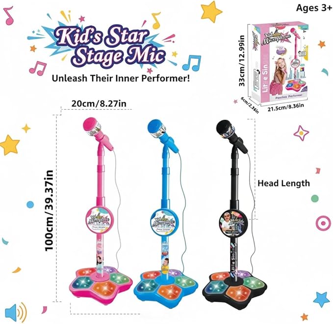 The All-in-One Microphone Toy, 2026 New Kids Karaoke Machine Toys with Adjustable Stand, Colorful Lights, and Echo Effect, for Boys and Girls Christmas Birthday (2PCS B)