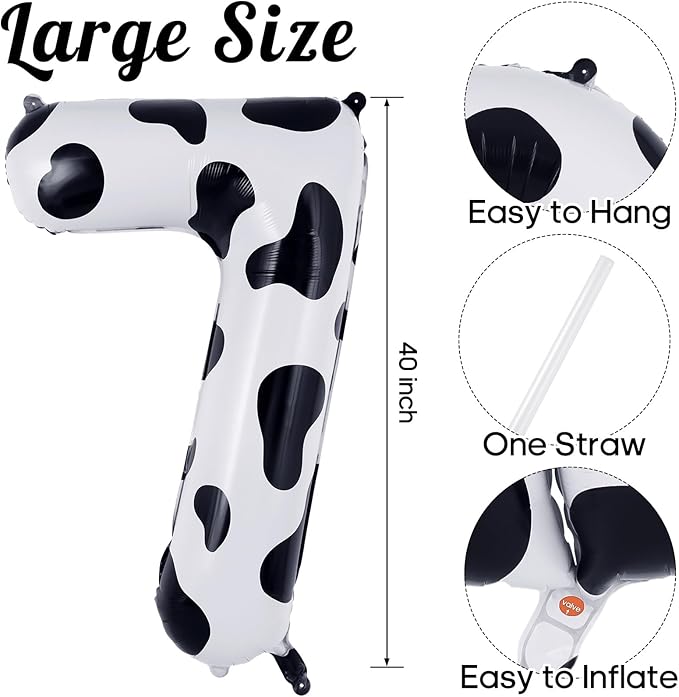 Cow Print Number 7 Balloon, Large 40 Inch Cow Number Birthday Balloons, Foil Mylar Number 7 Balloons for 7 Year Old Birthday Party Decorations Supplies Animal Farm Cowboy Cowgirl Themed Party