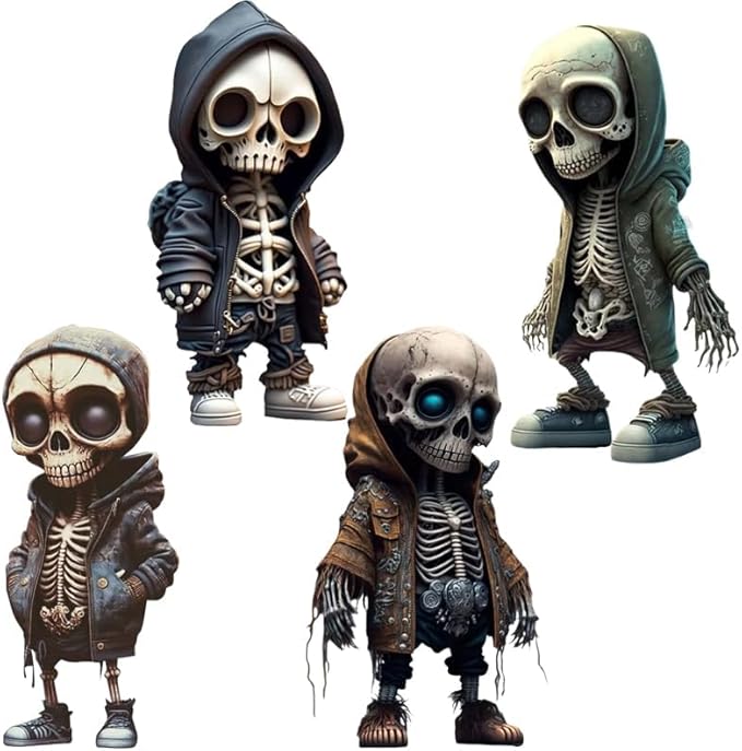 4pcs Mini Skeleton Figurines Small Skulls Action Figure Halloween Resin Gnome Statue Cute Cool Home Desk Office Decor