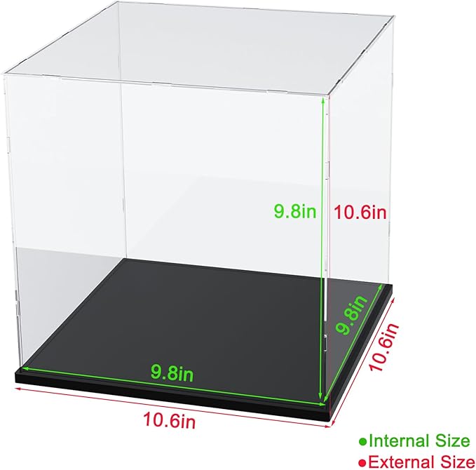 Thickened Clear Acrylic Display Case for Lego 10281 21056 76439 10266 Collectibles, Self-assembly Transparent Box Dustproof Protection with Wood-Plastic Base & String Light, Black Inside 9.8x9.8x9.8in