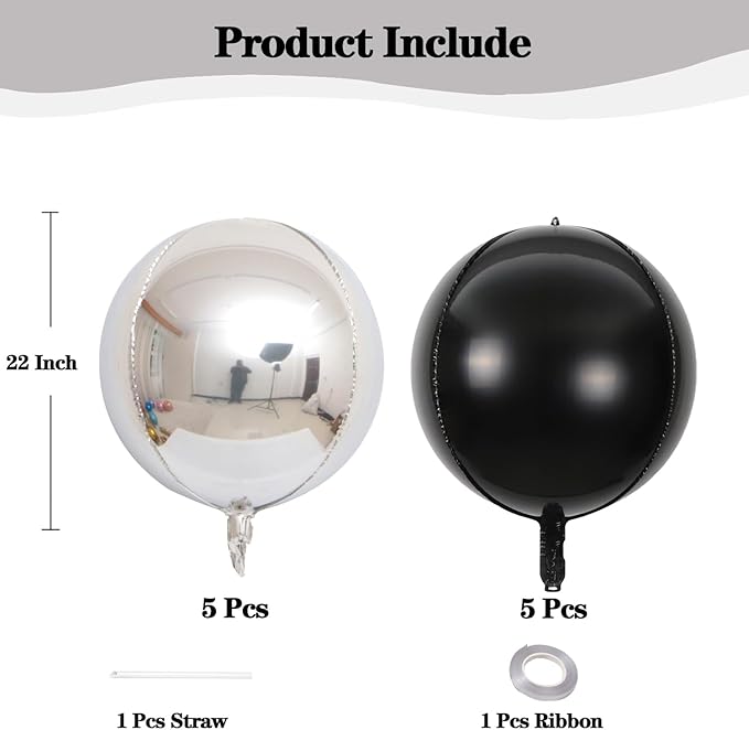 KALOR 22 Inch Black and Silver Foil Balloons, 10 Pcs Large 4D Giant Round Metallic Foil Balloon for Birthday Party Baby Shower Graduation Party Decorations