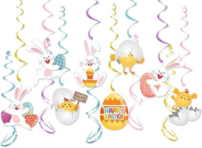 Hanging Easter Decorations Swirls 22pcs, Egg Bunny Ceiling Hanging Party Streamers, Foil Easter Party Decor Supplies for Home Office School, Dangling Spinners Party Ceiling Favor
