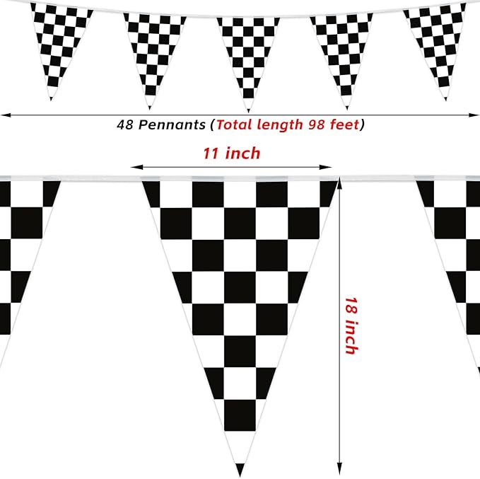 HOOSUN Checkered Flag Banner Race Cars Birthday Decorations,98 Ft 48 Pcs Checkered Flag Party Supplies,Racing Flags Decorations,Black and White Race Car Flag Pennant Banner for Nascar Cars Theme Party