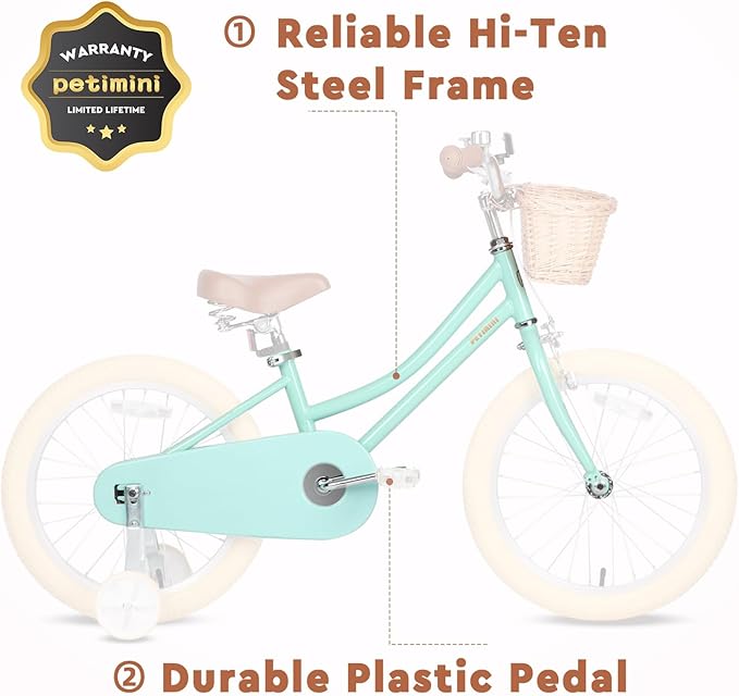 Petimini Vintage Kids Bike for Girls, 12–20 Inch Classic Bicycle with Wicker Basket & Bell, High Tensile Steel Frame, Training Wheels (12–18”), 85% Pre-Assembled, Retro Bike for Outdoor Riding