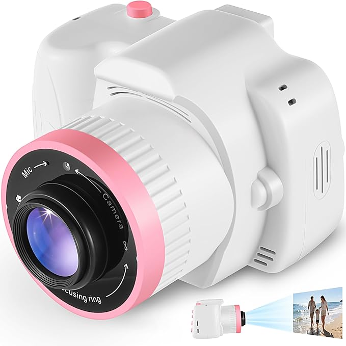 Kids Digital Camera with Video Games, Digital Camera for Kids Fhd 1080P, Kids Video Camera Digital Camcorder with Projector Stent for Gifts White