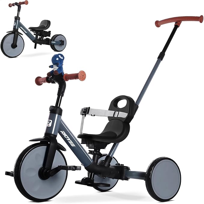 5-in-1 Toddler Tricycle for Ages 1.5–3, Parent Steering Push Trike, Tool-Free Convertible to Balance Bike, Safety Belt, Removable Backrest and Footrest, Ride-On Toy for Boys & Girls, Grey