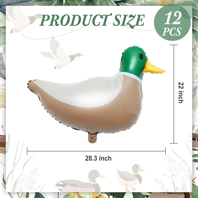12 Pcs 28.3'' Mallard Duck Shaped Foil Balloons for Duck Hunting Birthday One Lucky Party Decoration Party Supplies