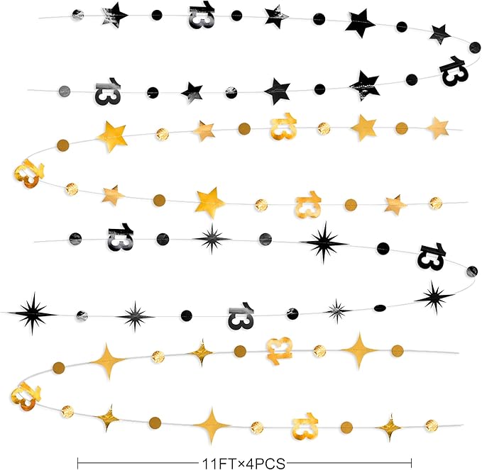 Black Gold 13th Birthday Decorations Number 13 Circle Dot Twinkle Star Garland Metallic Hanging Streamer Banner Backdrop Girls Boys 13 Years Old Birthday Thirteen Official Teenager Party Supplies
