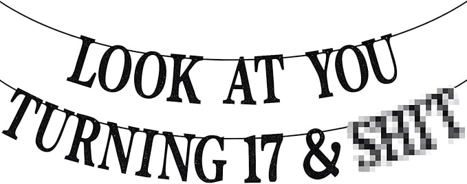 Black Glitter Look at You Turning 17 & Sh*t Banner, Happy 17th Birthday/Level 17 Unlocked/Cheers to 17 Years, Funny 17th Birthday Party Decorations Supplies