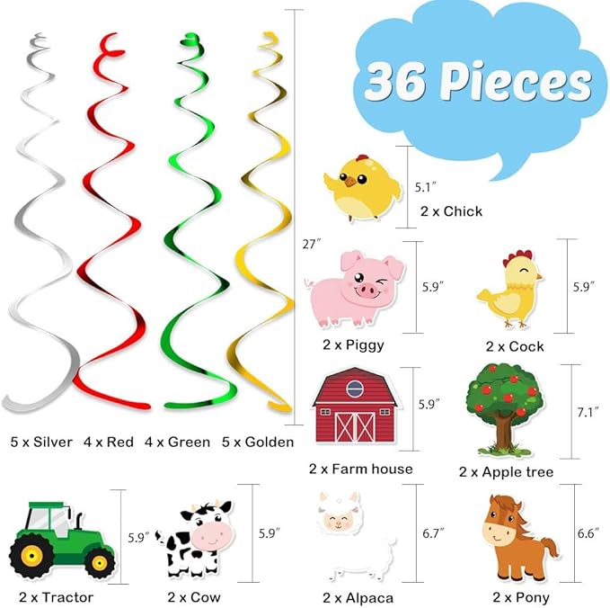 WERNNSAI Farm Animals Hanging Party Decorations - Barnyard Theme Party Supplies Hanging Swirl for Kids Birthday, Baby Shower Decor