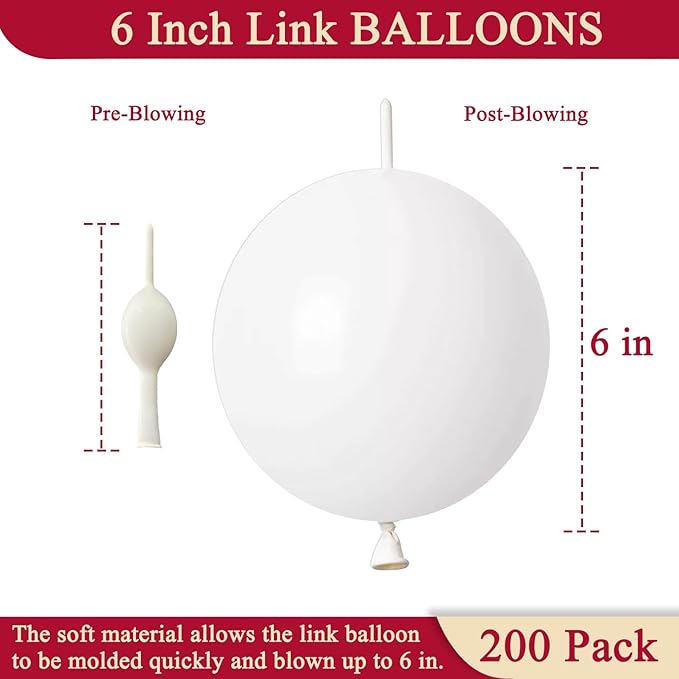 200 Pcs Linking Balloons 6 Inch Link Balloons for Birthday Wedding Party Festival Decorations (White)