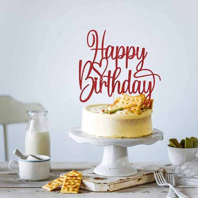 Handmade Glitter Happy Birthday Cake Topper- Fabulous Cake Decoration，Anniversary/Birthday Party Decoration Supplies (red)