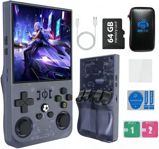R36MAX 4000mAh Portable Rechargeable Handheld Retro Game Console,Comfort Non-Slip Handheld Standing Retro Game Console with 64G TF Car,4.0-inch Screen,for Office,Purple Gray
