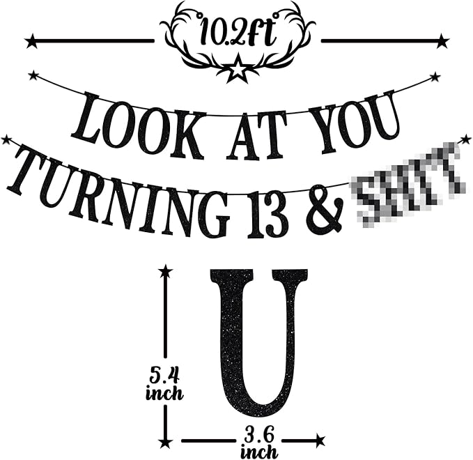 Black Glitter Look at You Turning 13 & Sh*t Banner, Happy 13th Birthday/Level 13 Unlocked/Cheers to 13 Years, Funny 13th Birthday Party Decorations Supplies