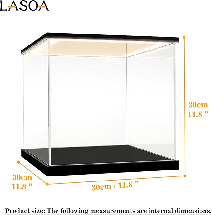 LASOA Acrylic Display Case with RGBW Color Changing LED Light, Clear Display Box for Action Figures and Collectibles, Self-Assembly Dustproof Showcase with Black Base, 11.8x11.8x11.8inch