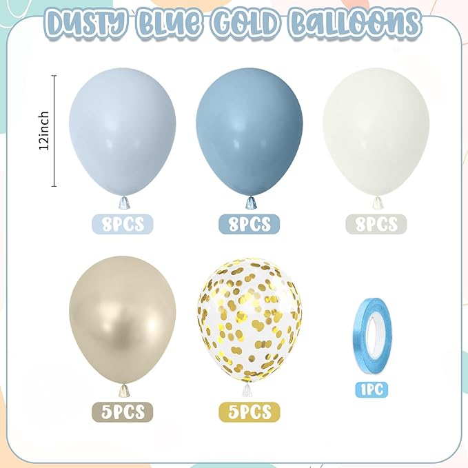 Dusty Blue Gold Balloons,12 Inch Pastel Baby Blue Sand White and Gold Latex Balloons for Boy Baby Shower Bridal Shower Baby Party Decorations