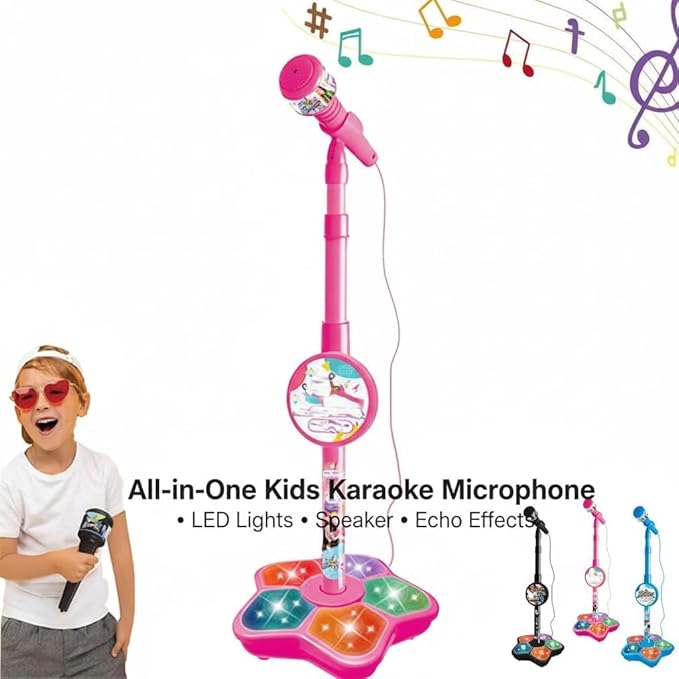 The All-in-One Microphone Toy, Portable Kids Karaoke Machine, Kids Microphones with Stand, with Flashing Stage Lights and Pedals, Guitar Toys for Fun Musical Effects (Pink, Microphone)