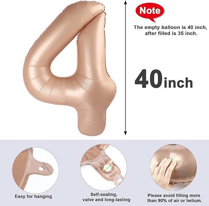 40 Inch Large Numbers Balloon, 4 Light Brown Ballon for 4th 14 40 44 Birthday Party, Balloon 4 Number for Graduations Wedding Supplies