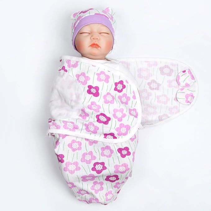 Reborn Baby Doll Swaddle Blanket 17-22 Inch Girl Purple Flowers Wrap Blanket 2 Pcs - Swaddle Blanket + Hat, Reborn and Newborn Baby Doll Clothes Accessories