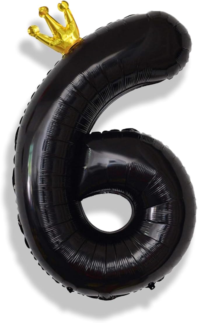Large Number 6 Balloons, Black 40 Inch Foil Number Balloon for Boys, Crown Self Inflating 0-9 Set Balloons for Girls 6th Birthday Party Decoration Anniversary Party Decorations kids Boys Supplies