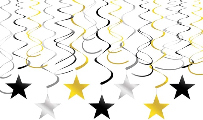 Gold Silver Black Star Swirl Decorations - Hanging Metallic Plastic Streamers for Graduation Birthday Wedding, Pack of 30