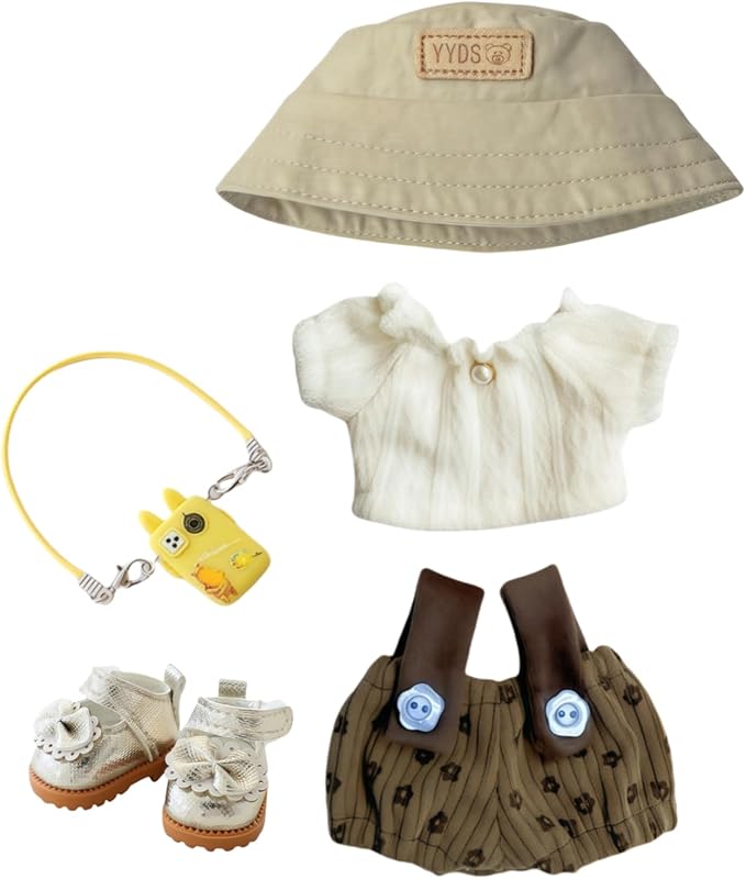 Clothes for Lu bubu 17cm Dolls Accessories(No Doll), Cute Outfit Set 5 Pieces Bib Pants for 17cm Doll Suit, Stylish Dress Up Overalls Doll Clothing Set Replacement with Hat Clothes Shoes Brown