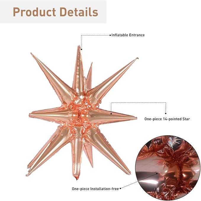 6 Pcs Rose Gold Star Foil Balloons One-Piece 14-Pointed Star Balloon 4D Starburst Cone Mylar Balloon 22inch Christmas Birthday Wedding Wedding Anniversary Party Supplies(Rose Gold)