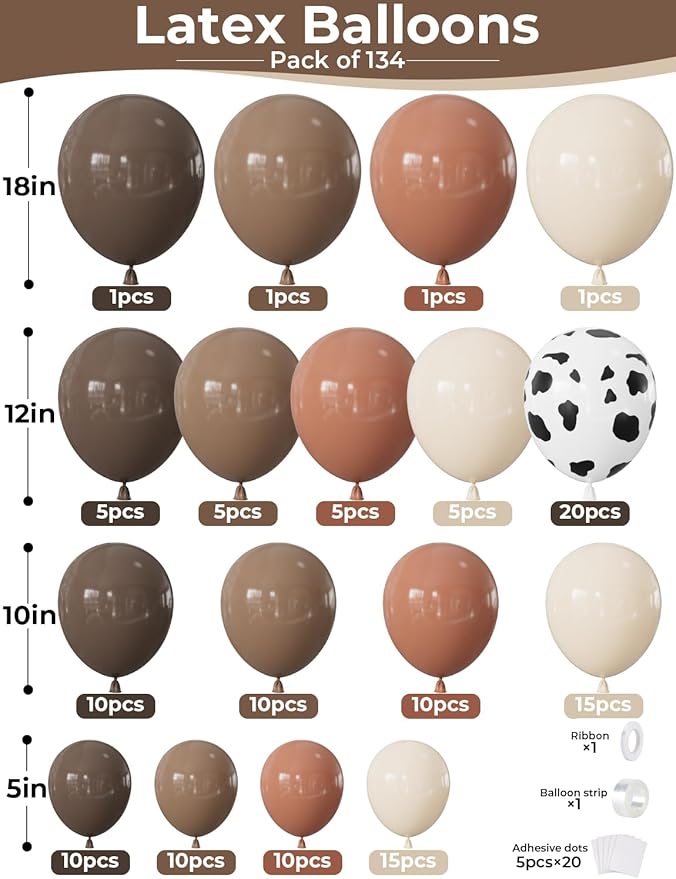 Western Cow Print Balloon Arch Kit, 134 Pcs Brown Beige Coffee and Cow Print Balloons, for Cowboy Birthday, Baby Shower, Western Farm Theme Party Backdrop Decorations