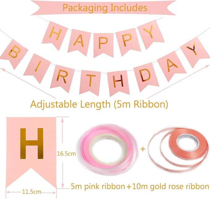 Happy Birthday Banner, Rose Gold Birthday Decoration, 16 pcs 12 inch Balloons with 2 Ribbons for Girl and Women Party Decoration
