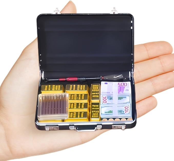 1:6 Scale Miniature Black Briefcase Set with Fake Gold Bars, Mini Dollar Bill Bundles, Vintage Coins & Toy Weapons | Collectible Dollhouse Accessory, Photography Prop & Novelty Gift for Adults
