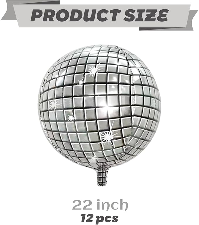 FBQ 12 Pcs Silver Big Disco Balloon 22 Inch 4D Round Balloon for 70s 80s 90s Disco Themed Party Bachelorette Party Decorations Supplies