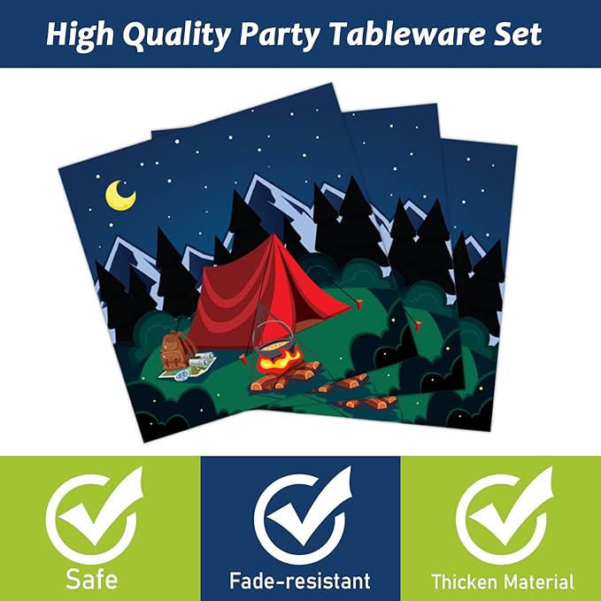 96 Pcs Camping Party Supplies Paper Plates Napkins Happy Camper Birthday Decorations Camping Adventure Party Tableware Set for Boys Baby Shower Serves 24