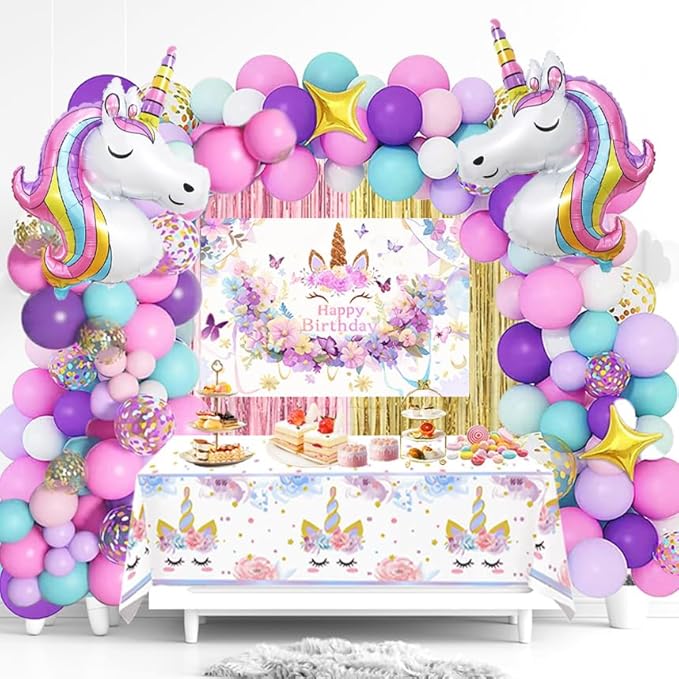 Unicorn Party Decorations Kit - 135-Piece Set with 3D Foil Balloons, Backdrop, Table Cover, Tassel Curtains & Garland Making Supplies - Pink, Rose Gold, Purple Theme (Includes Balloon Arch Kit)