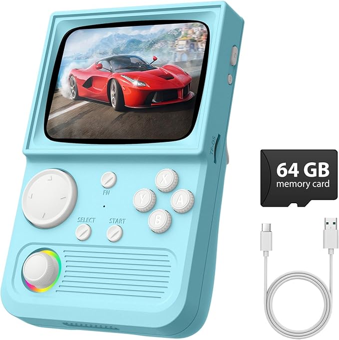 R36T Retro Gaming Console, 3.5'' IPS Screen CRT-Inspired, Handheld Game Console with 18000+ Classic Games Supports WiFi Networked Fighting and OTG, 3500mAh Battery, with Portable Case（Blue 64GB）