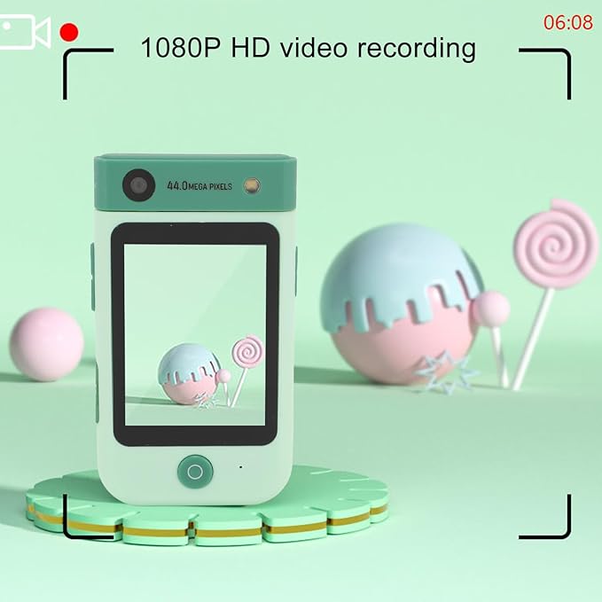 48MP 1080P HD Kids Smart Phone, 2.8in Touchscreen Camera with Autofocus, 180° Rotating Lens, Music Player, Games, Voice Recorder, for Boys Girls, with Carton Stickers (Green