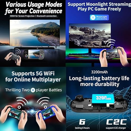 RG40XX H Retro Handheld Game Console RG40XXH Portable Gaming Console with 4'' IPS Screen Linux System Built-in 64G TF Card Preloaded Games 5000+ RG40XX H Supports 5G WiFi Bluetooth 4.2 Black