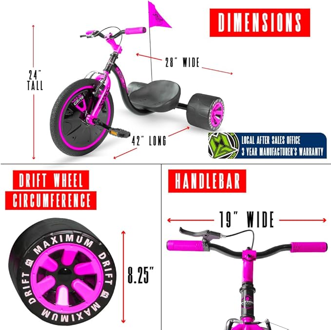 Drift Trike for Kids Ages 5+ – 16" Front Wheel Ride-On with Adjustable Seat, Steel Frame, Rear Slick Drift Wheels & Safety Flag – Madd Gear (Pink/Teal)