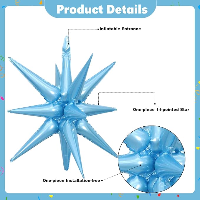 6 Pcs Light Blue Star Foil Balloons One-Piece 14-Pointed Star Balloon 4D Starburst Cone Mylar Balloon 22inch Christmas Birthday Wedding Wedding Anniversary Party Supplies (22&27 Inches Light Blue)